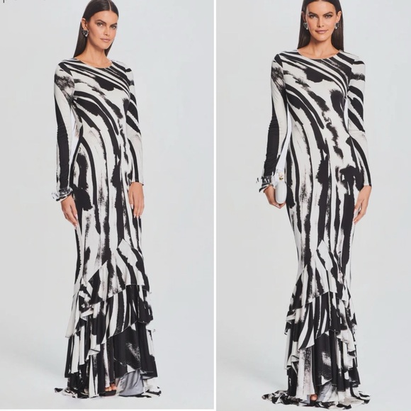 NEW Retrofete Sara Dress in Zebra Ink Open Back Ruffle Mermaid Hem Maxi Gown - Picture 2 of 14